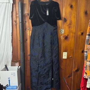 Shoshanna Midnight Black Velvet Dress with dark navy blue floral embellishments